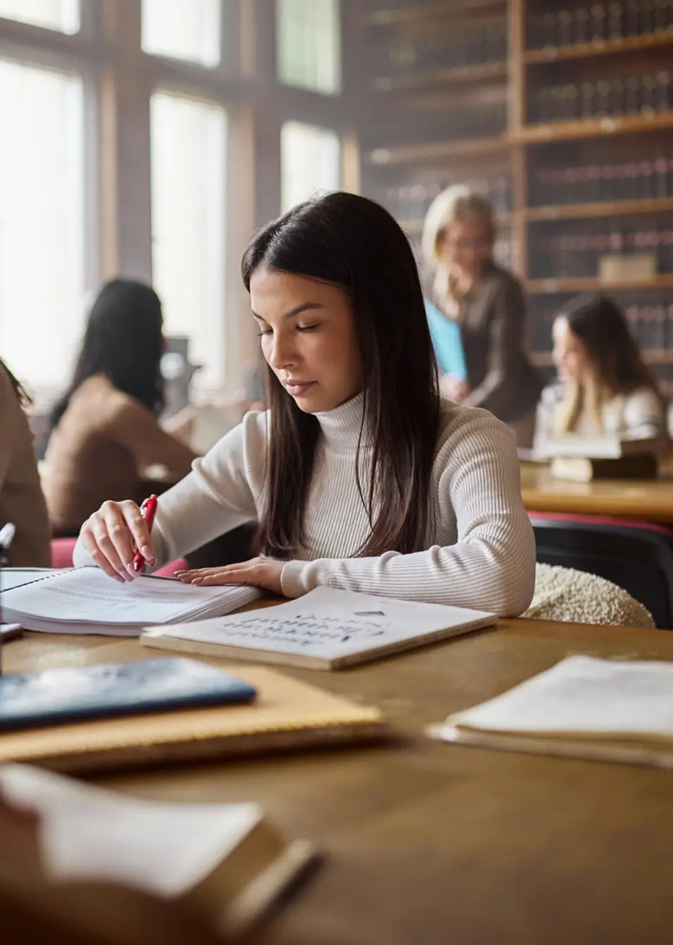 young woman studying in a library
